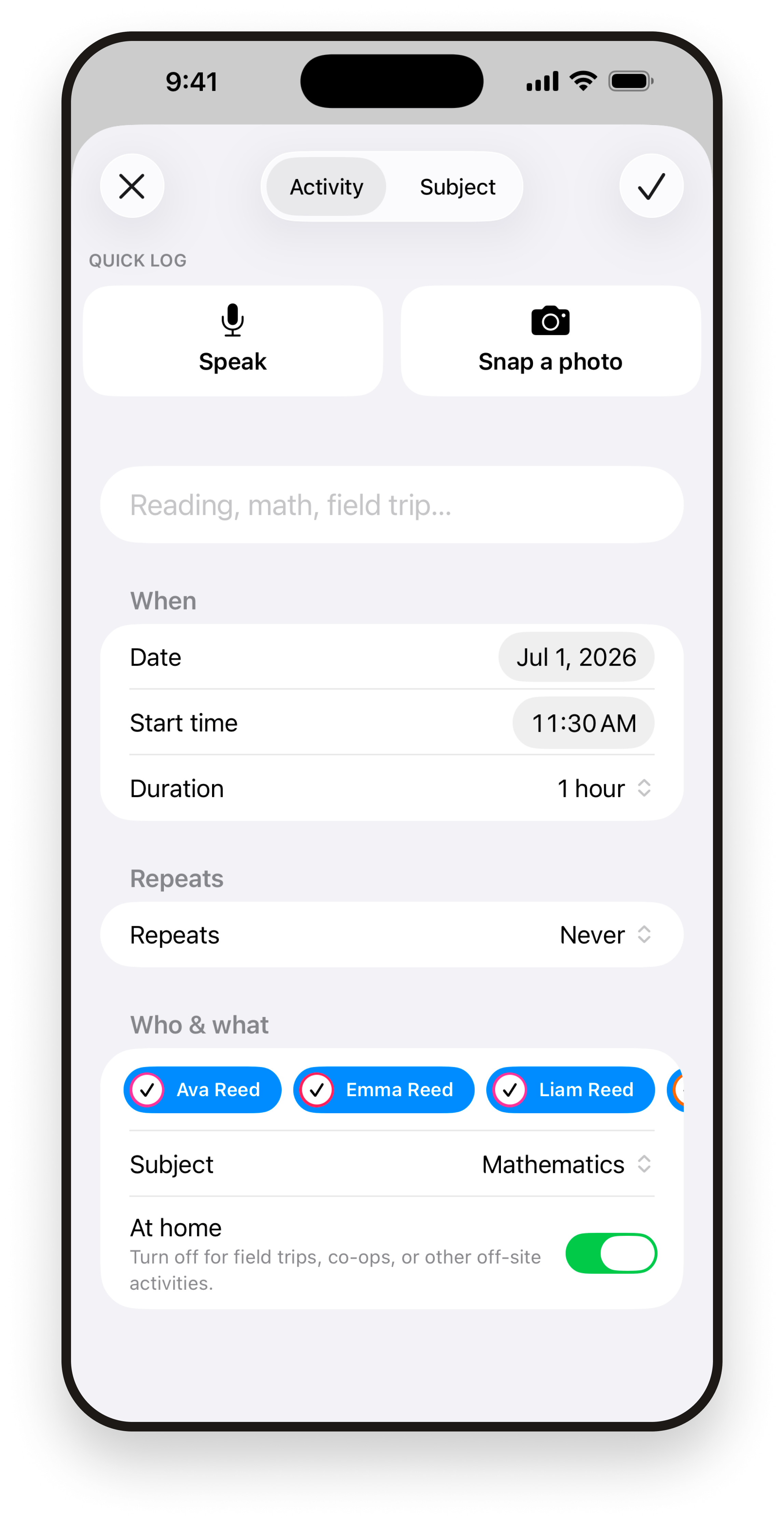 Homeschool Fox quick-log activity screen on iPhone