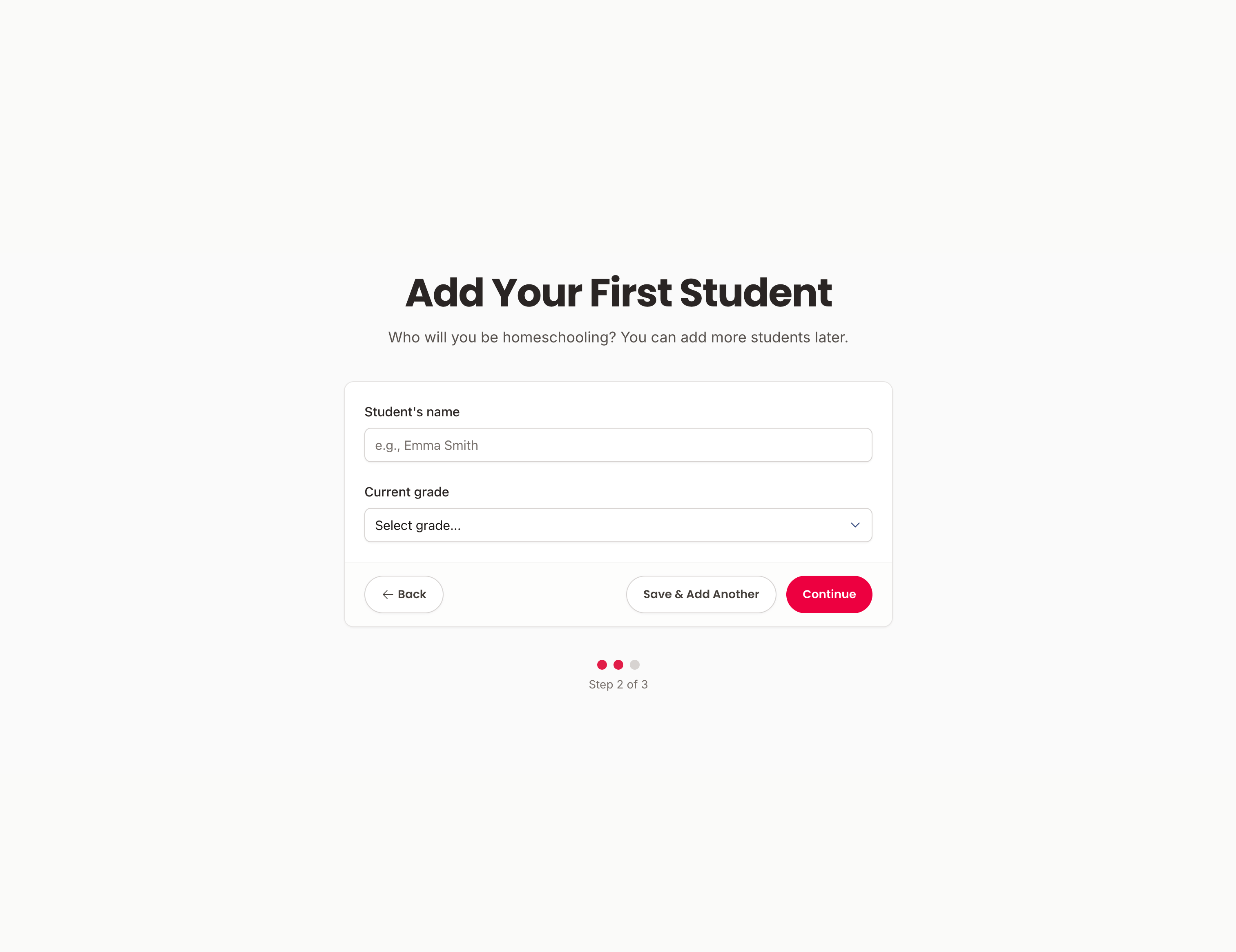 Screenshot of onboarding create student form on HomeschoolFox