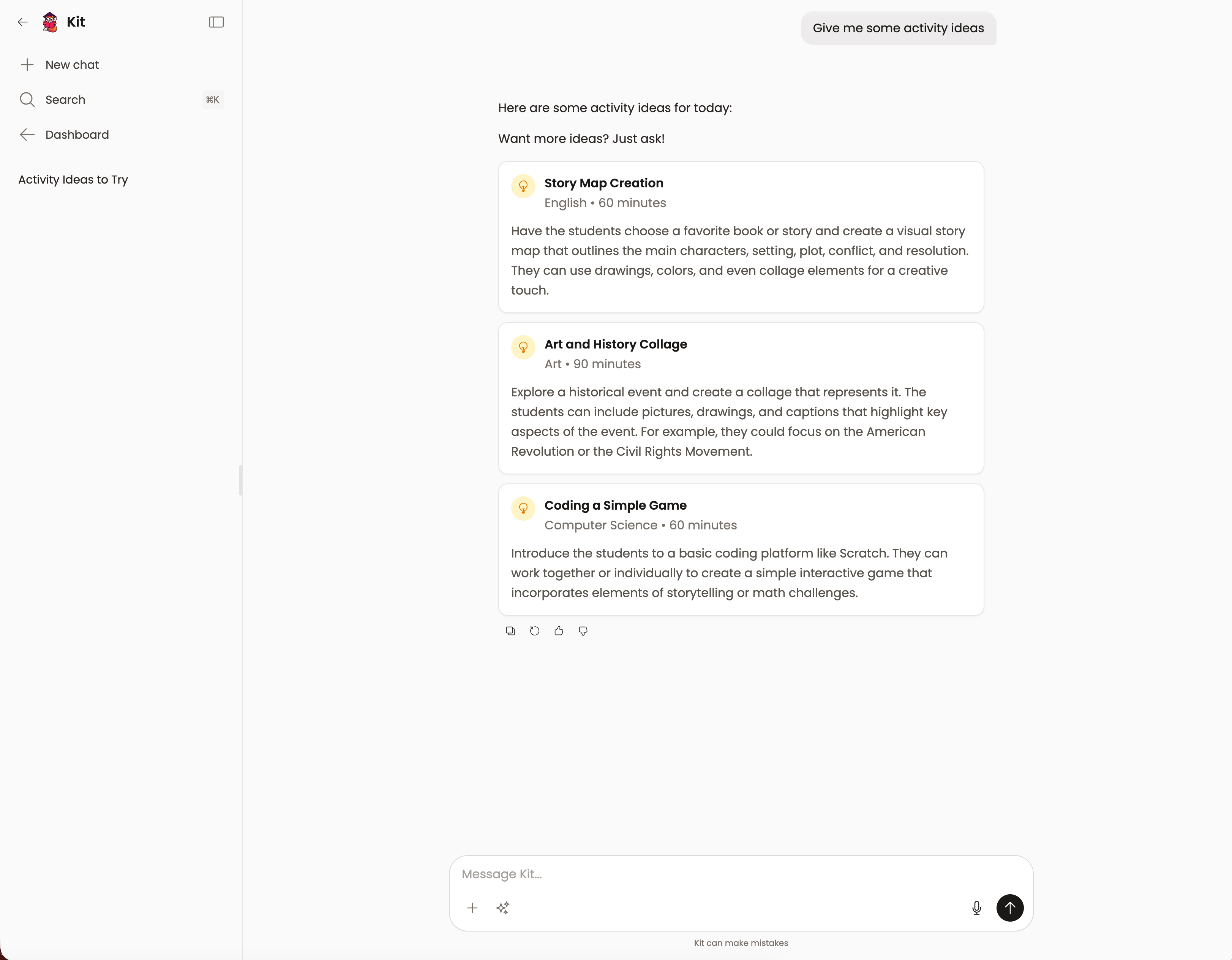 Screenshot of Chat with Kit AI assistant on HomeschoolFox