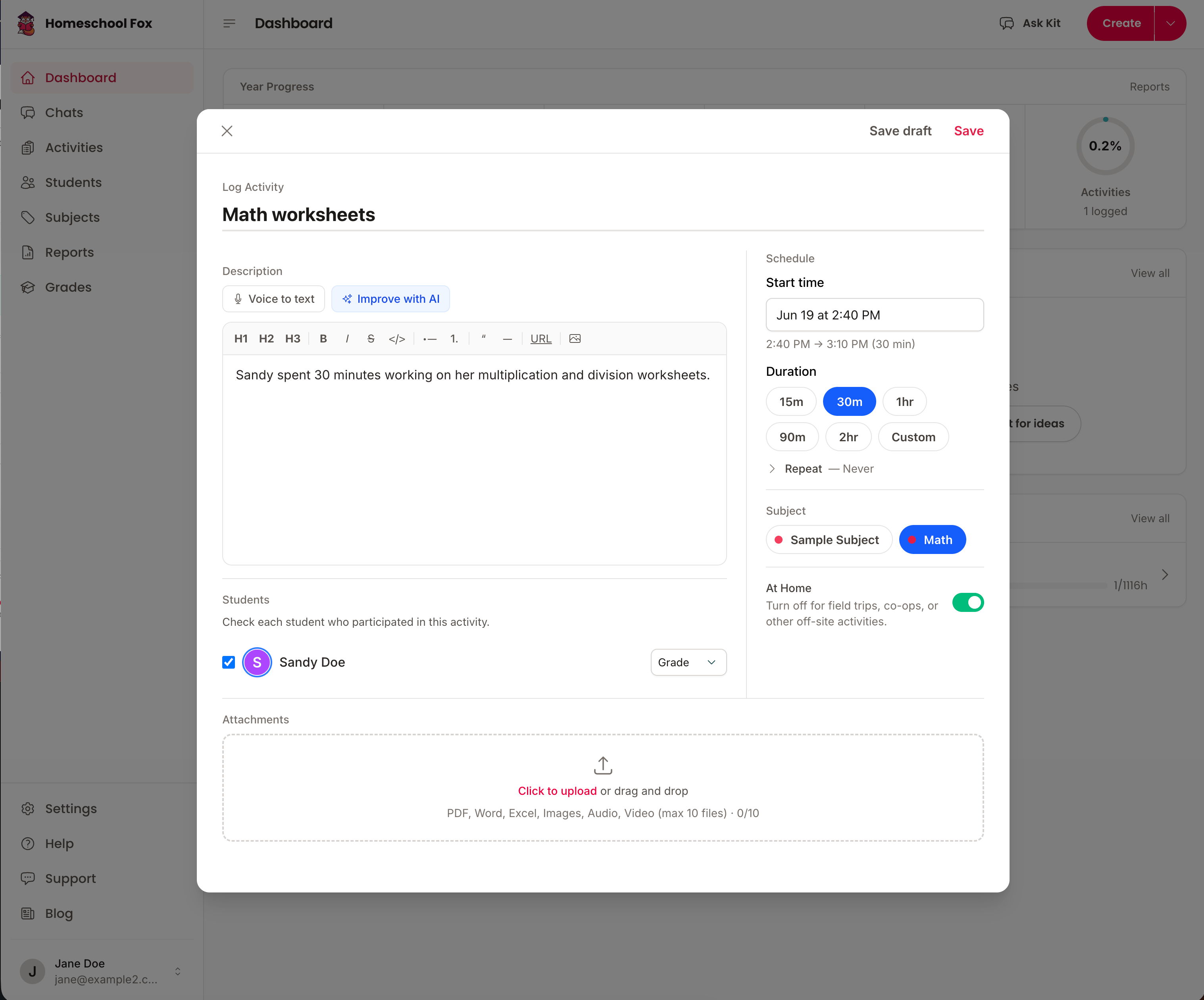 Homeschool Fox AI Quick Add logging an activity from plain text