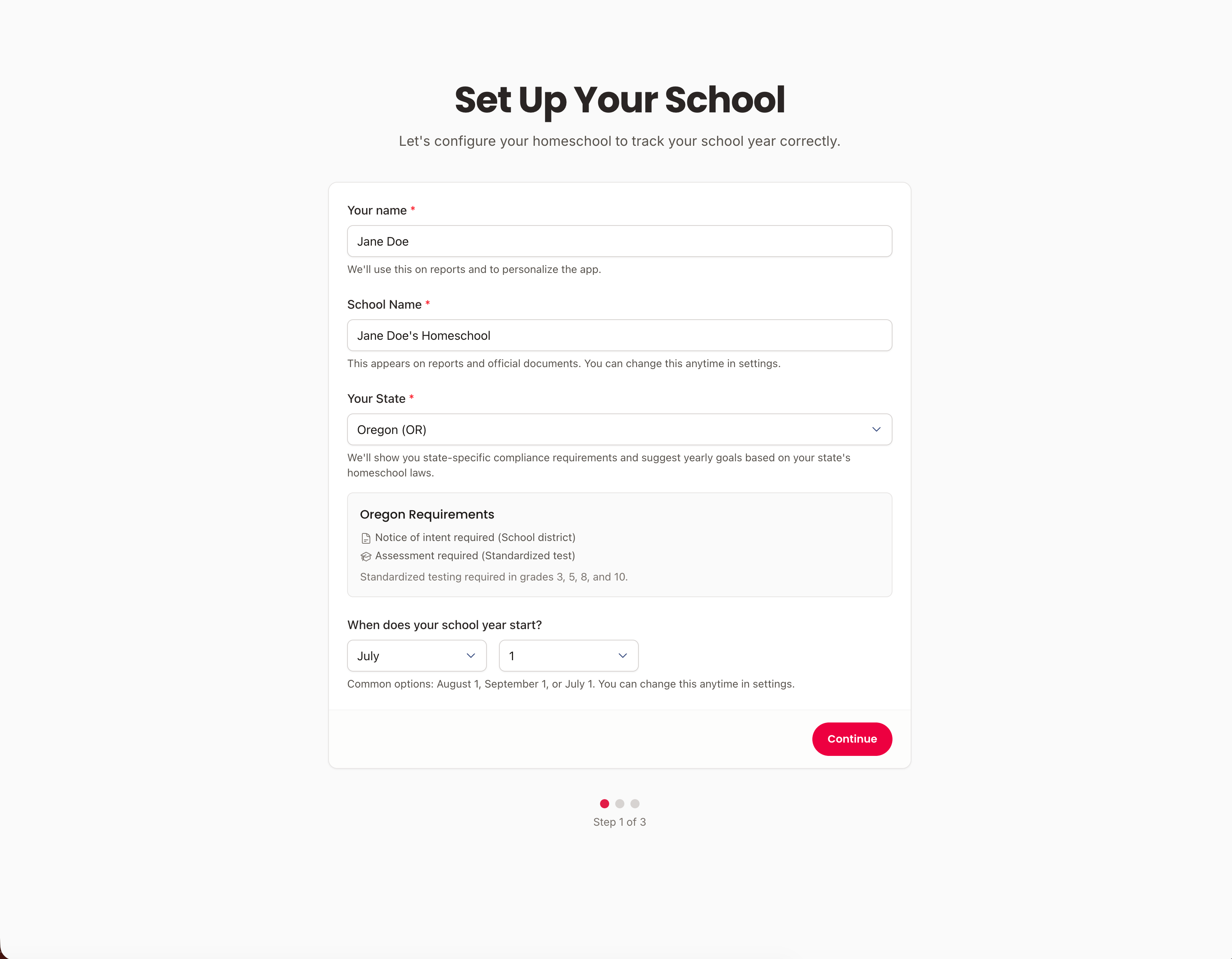 Screenshot of school setup form on HomeschoolFox