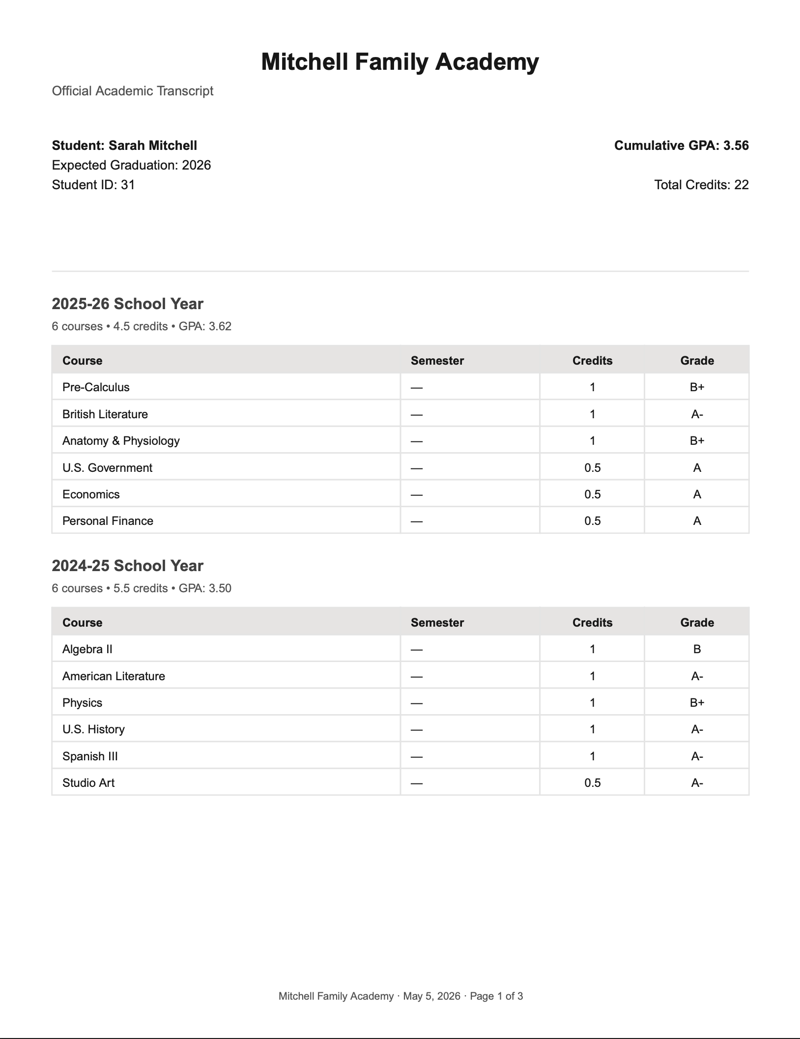 Sample $29 Basic homeschool transcript PDF: student info, course history by year, weighted and unweighted GPA, parent-administrator footer.