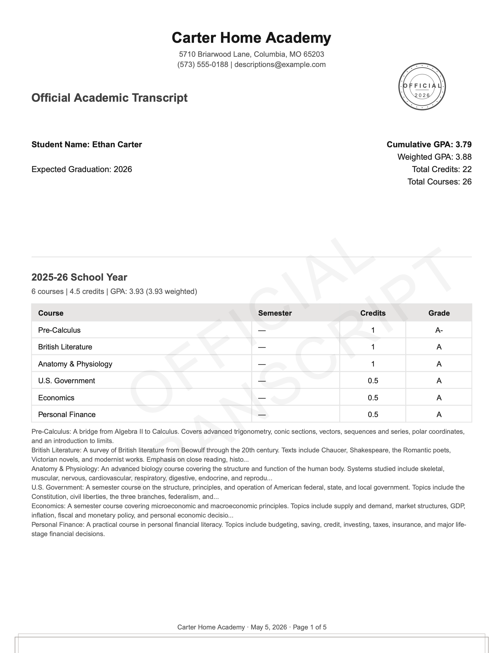Sample transcript with course descriptions: Descriptions tier preview.
