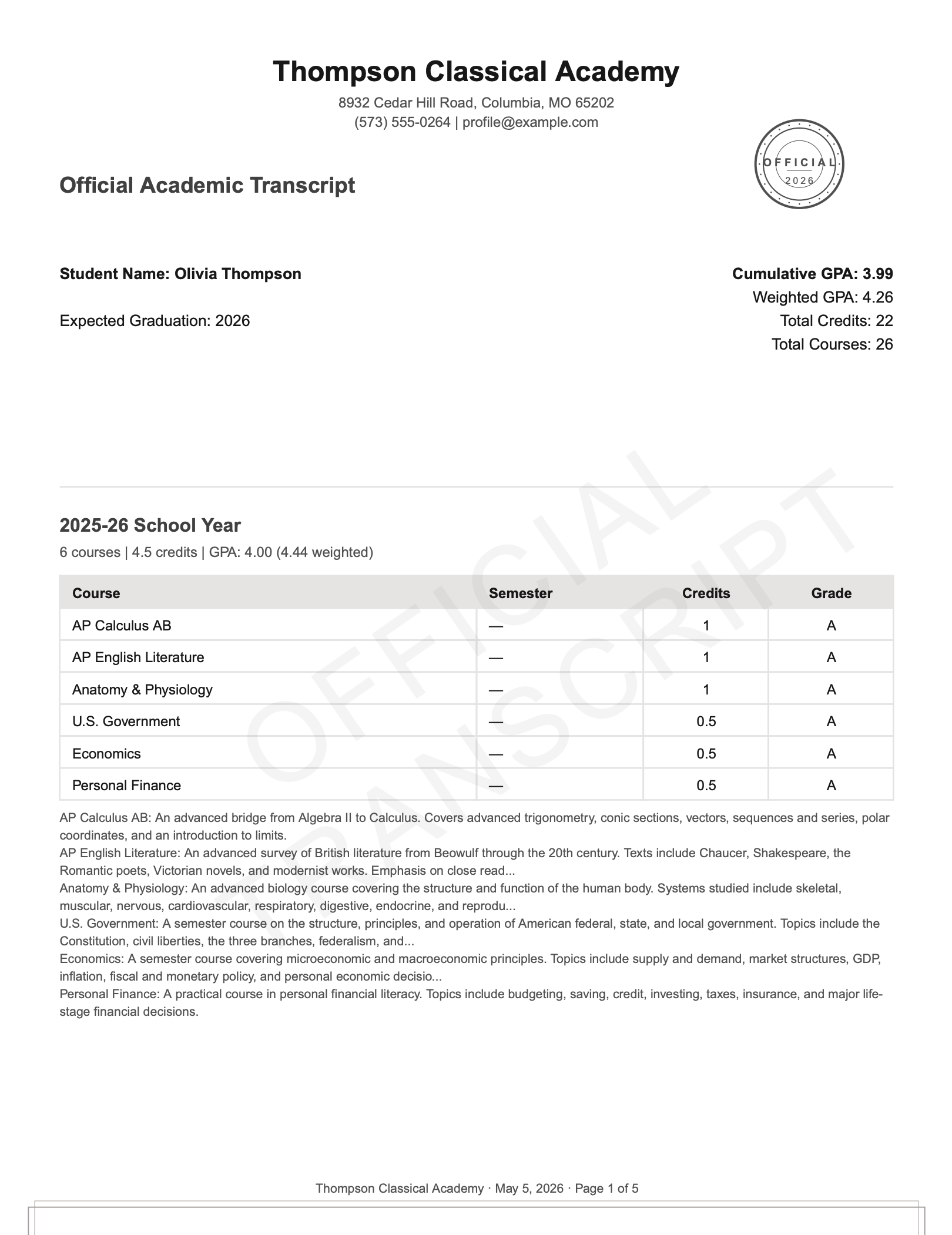 Sample homeschool transcript PDF: institutional letterhead, official seal, weighted and unweighted GPA, AI-drafted course descriptions, and counselor signature.