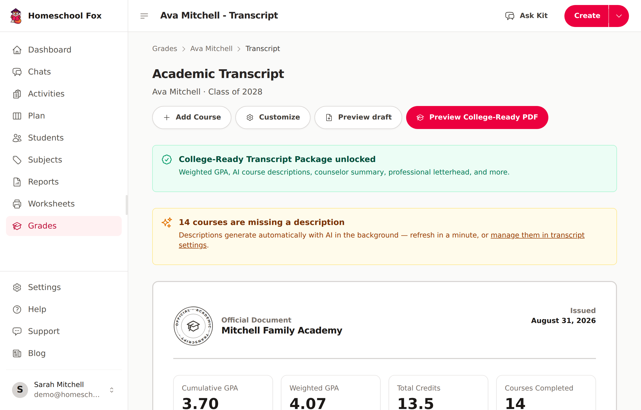 A student's transcript page with GPA, credits, and course list